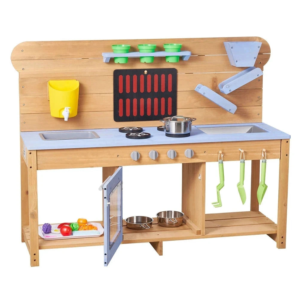 Wooden Outdoor Mud Kitchen – Backyard Sensory Play Station with Double Sinks