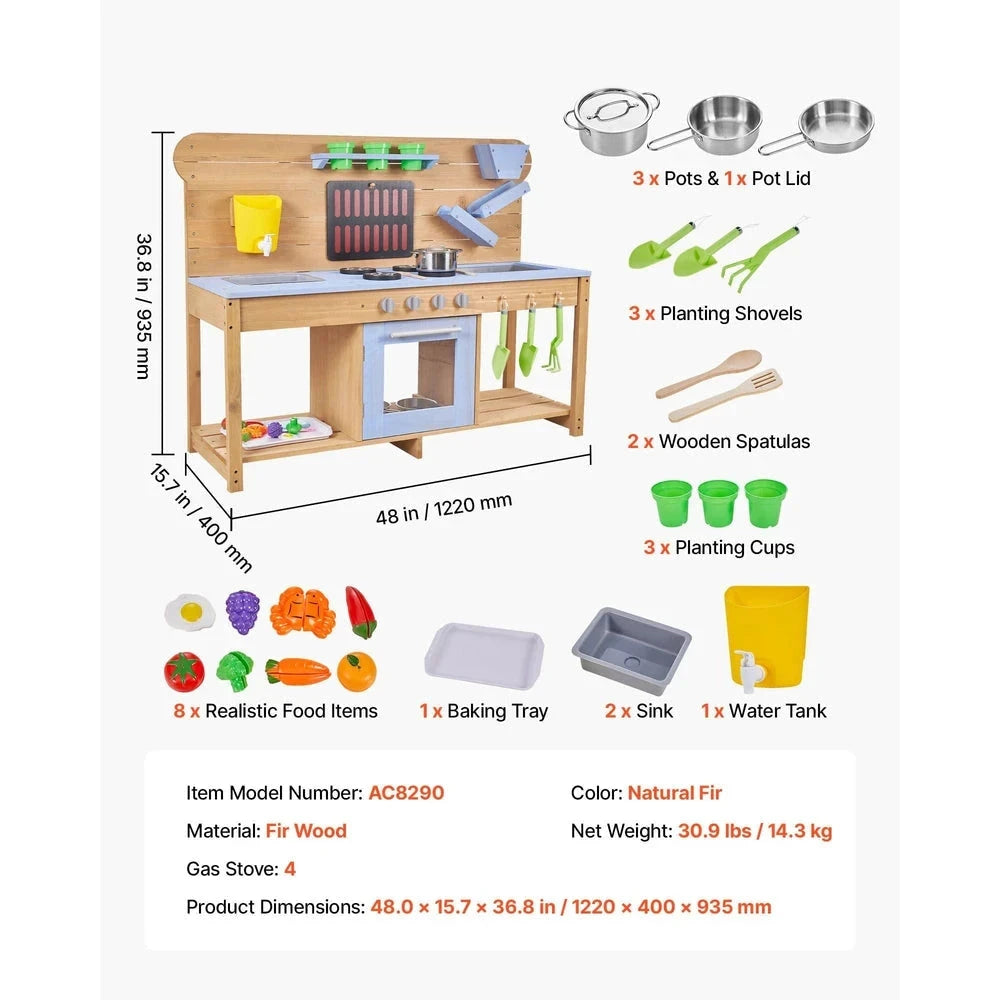 Wooden Outdoor Mud Kitchen – Backyard Sensory Play Station with Double Sinks
