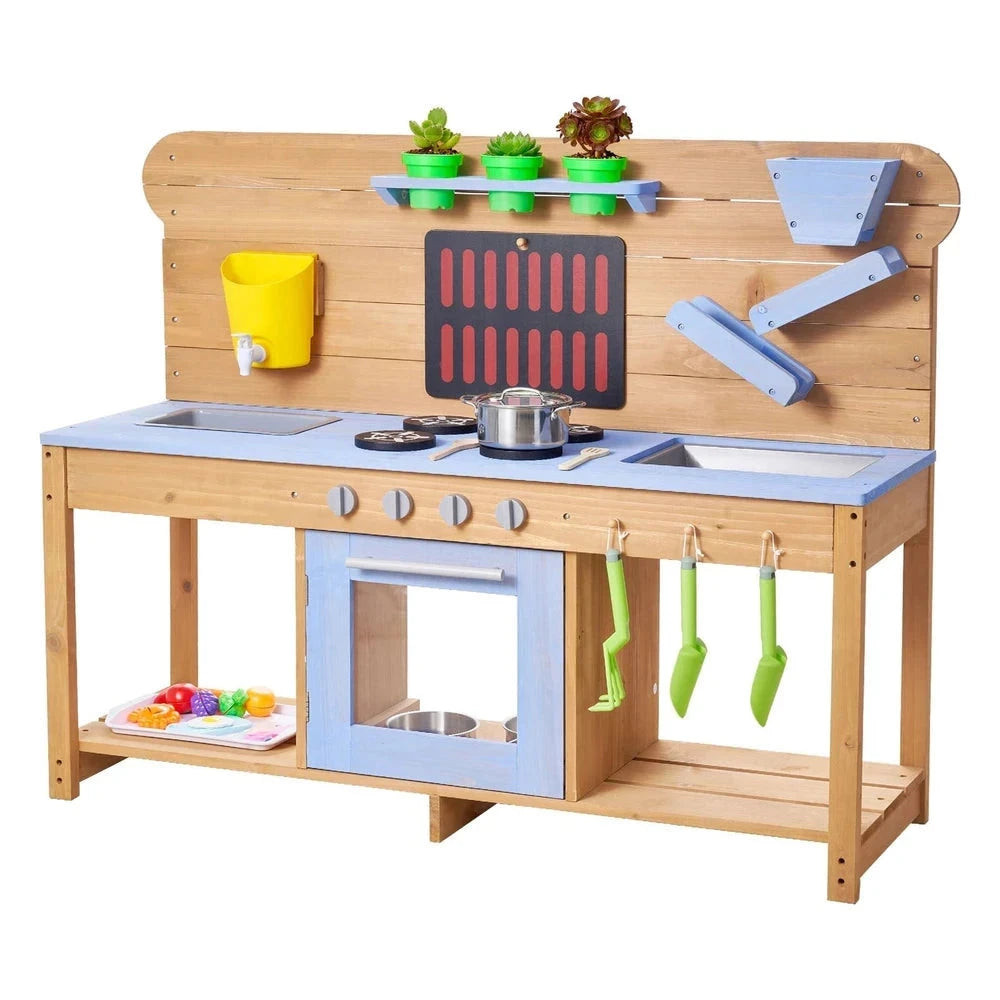 Wooden Outdoor Mud Kitchen – Backyard Sensory Play Station with Double Sinks