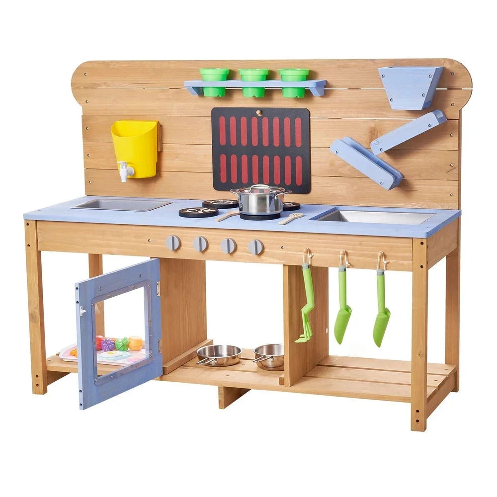 Wooden Outdoor Mud Kitchen – Backyard Sensory Play Station with Double Sinks