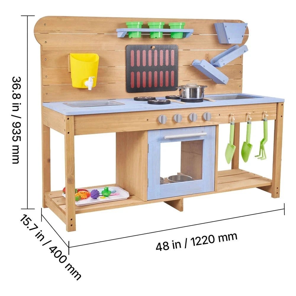 Wooden Outdoor Mud Kitchen – Backyard Sensory Play Station with Double Sinks
