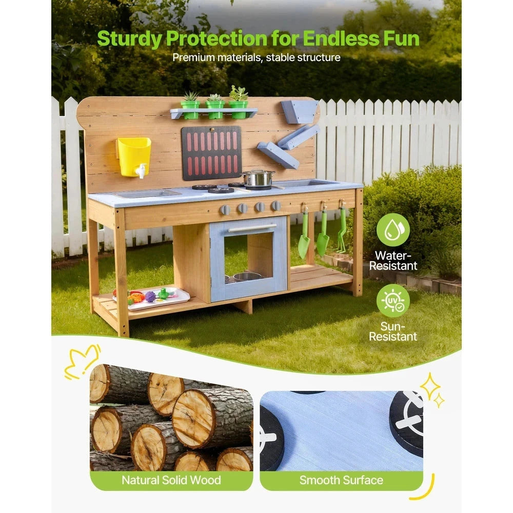 Wooden Outdoor Mud Kitchen – Backyard Sensory Play Station with Double Sinks