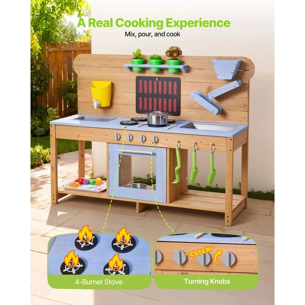 Wooden Outdoor Mud Kitchen – Backyard Sensory Play Station with Double Sinks