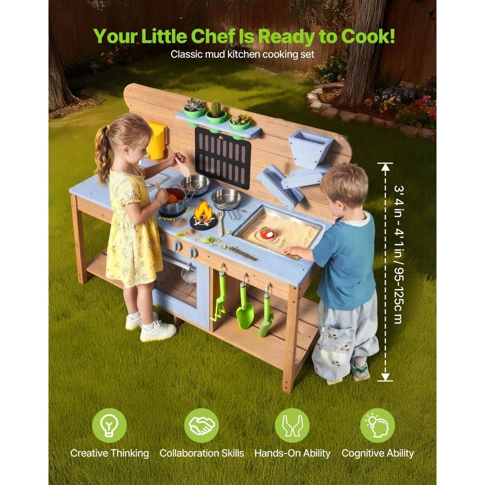 Wooden Outdoor Mud Kitchen – Backyard Sensory Play Station with Double Sinks