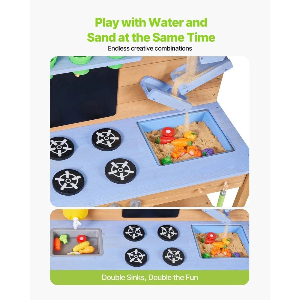 Wooden Outdoor Mud Kitchen – Backyard Sensory Play Station with Double Sinks