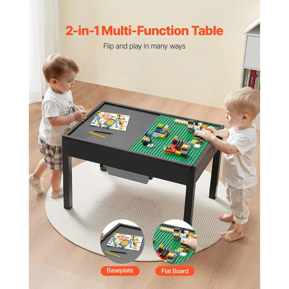 Kids Wooden Activity Table – Double-Sided Block Tabletop with 2 Storage Bins