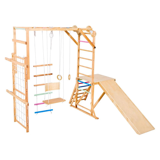 8-in-1 Indoor Jungle Gym – Wooden Climbing Playset with Swing & Slide