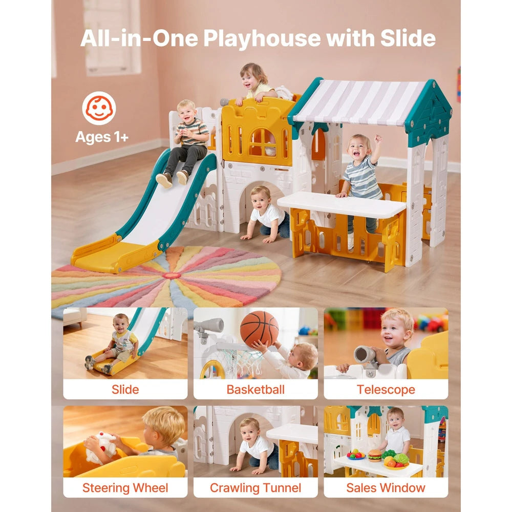 Toddler Outdoor Playhouse – Open Play Structure with Slide & Crawl Tunnel